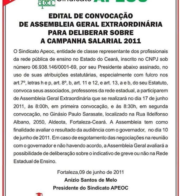 Edital de convocação de Assembleia Geral Extraordinária para deliberar sobre a Campanha Salarial 2011