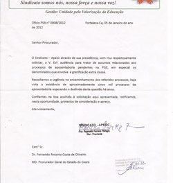 APOSENTADORIA DOS PROFESSORES COM GRATIFICAÇÃO EXTRACLASSE: Sindicato-APEOC formaliza pedido de audiência à PGE