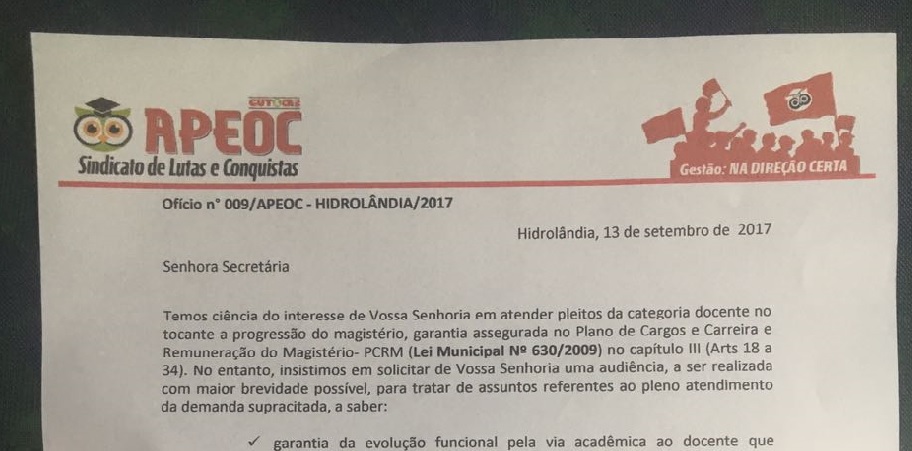 Hidrolândia: Comissão Municipal protocola ofício para tratar sobre PCCR