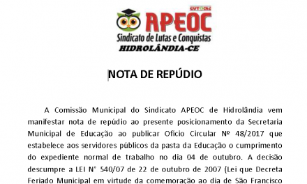 Hidrolândia: Sindicato APEOC repudia decisão da Prefeitura sobre feriado municipal