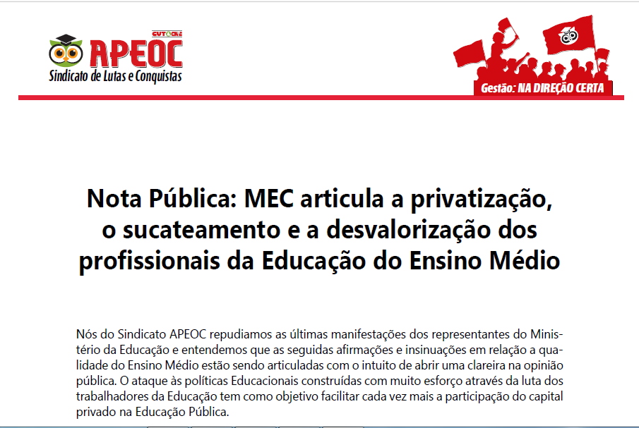 Nota Pública: MEC articula a privatização, o sucateamento e a desvalorização dos profissionais da Educação do Ensino Médio