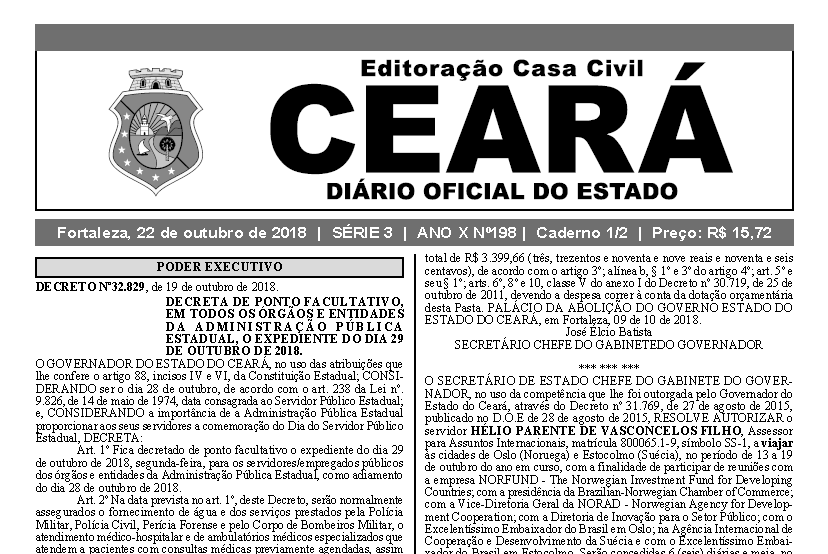 Governo do Ceará decreta Ponto Facultativo na próxima segunda-feira (29)