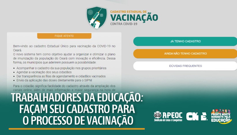 TRABALHADORES(AS) DA EDUCAÇÃO, FAÇAM SEU CADASTRO PARA PROCESSO DE VACINAÇÃO