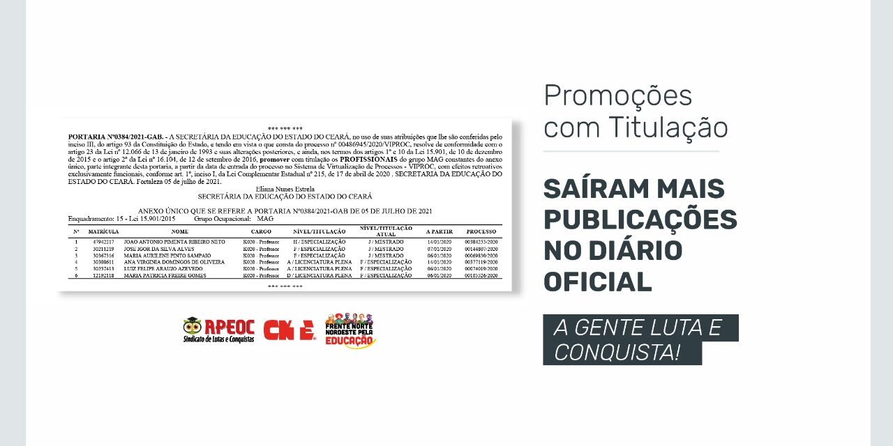 PROMOÇÕES COM TITULAÇÃO: SAÍRAM MAIS PUBLICAÇÕES NO DIÁRIO OFICIAL