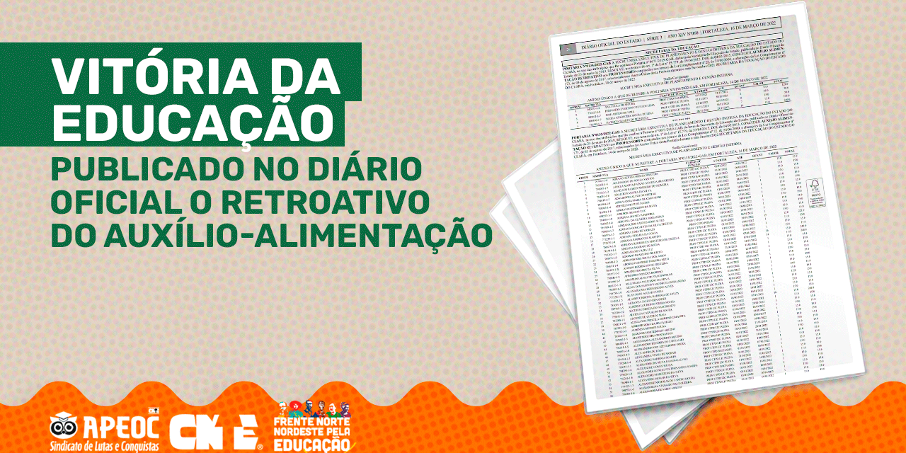 VITÓRIA DA EDUCAÇÃO: PUBLICADO NO DIÁRIO OFICIAL O RETROATIVO DO AUXÍLIO-ALIMENTAÇÃO