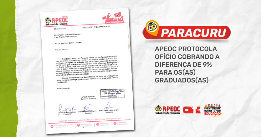 PARACURU: APEOC PROTOCOLA OFÍCIO COBRANDO A DIFERENÇA DE 9% PARA OS(AS) GRADUADOS(AS)