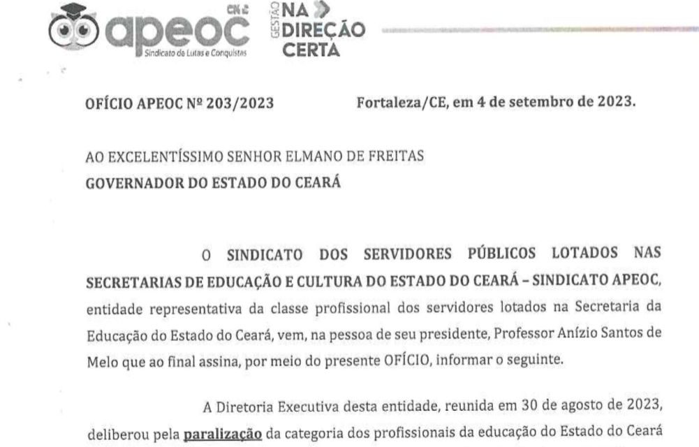 APEOC INFORMA OFICIALMENTE AO GOVERNO A DECISÃO DE PARAR EM 21/09