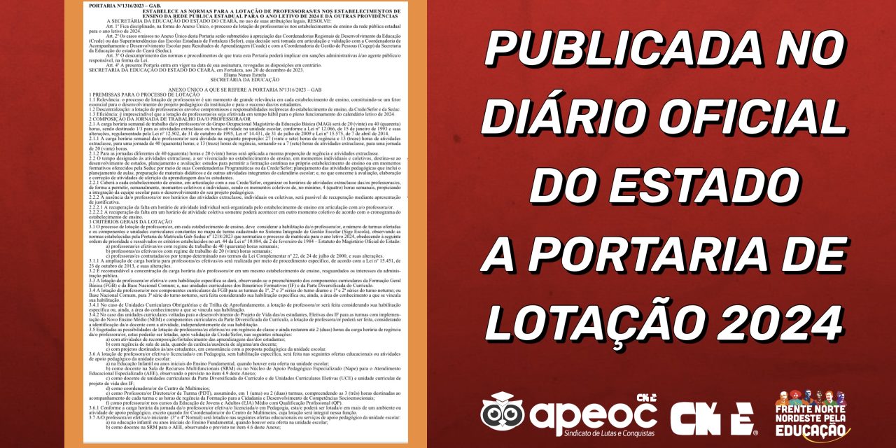 PUBLICADA NO DIÁRIO OFICIAL DO ESTADO A PORTARIA DE LOTAÇÃO 2024