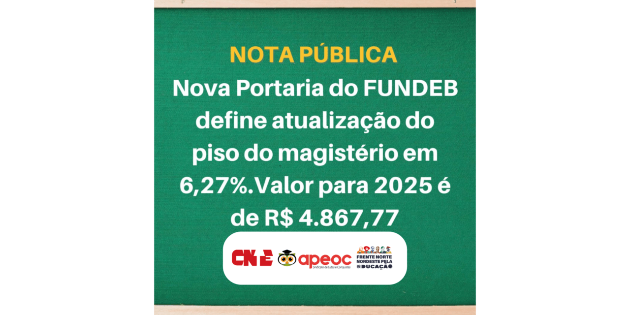 CNTE/APEOC/FRENTE NNE: NOVA PORTARIA DO FUNDEB DEFINE ATUALIZAÇÃO DO PISO DO MAGISTÉRIO EM 6,27% <br><h3>Valor para 2025 é de R$ 4.867,77</h3> 