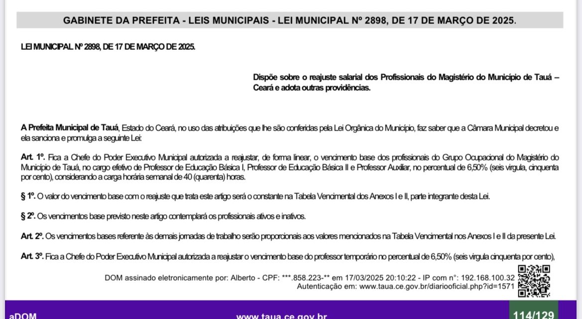 TAUÁ: REAJUSTE DOS PROFESSORES SANCIONADO E PUBLICADO