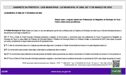 TAUÁ: REAJUSTE DOS PROFESSORES SANCIONADO E PUBLICADO