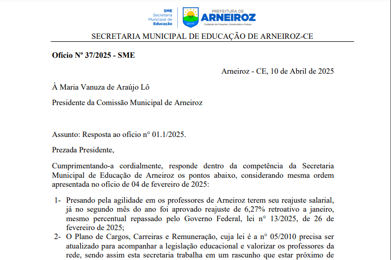 Arneiroz: APEOC conquista efetivação de pontos importantes da pauta salarial de 2025